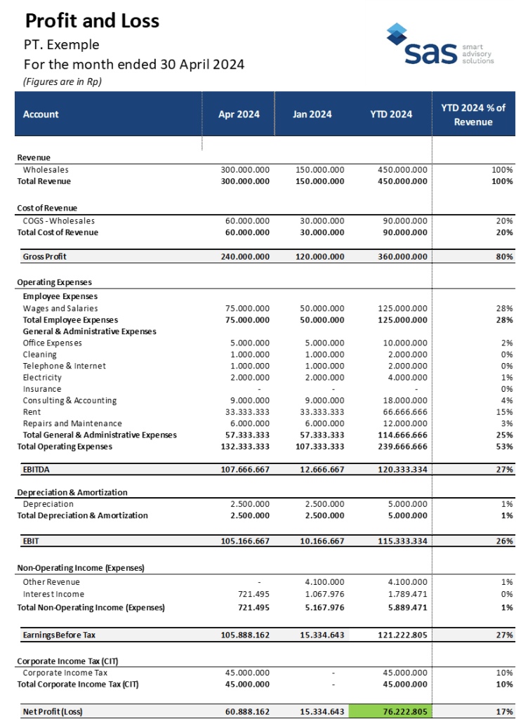 An example of a company's Income Statement (Profit & Loss)